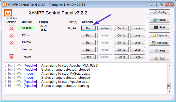 XAMPP control panel start server