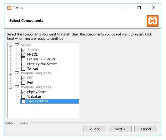 xampp select component